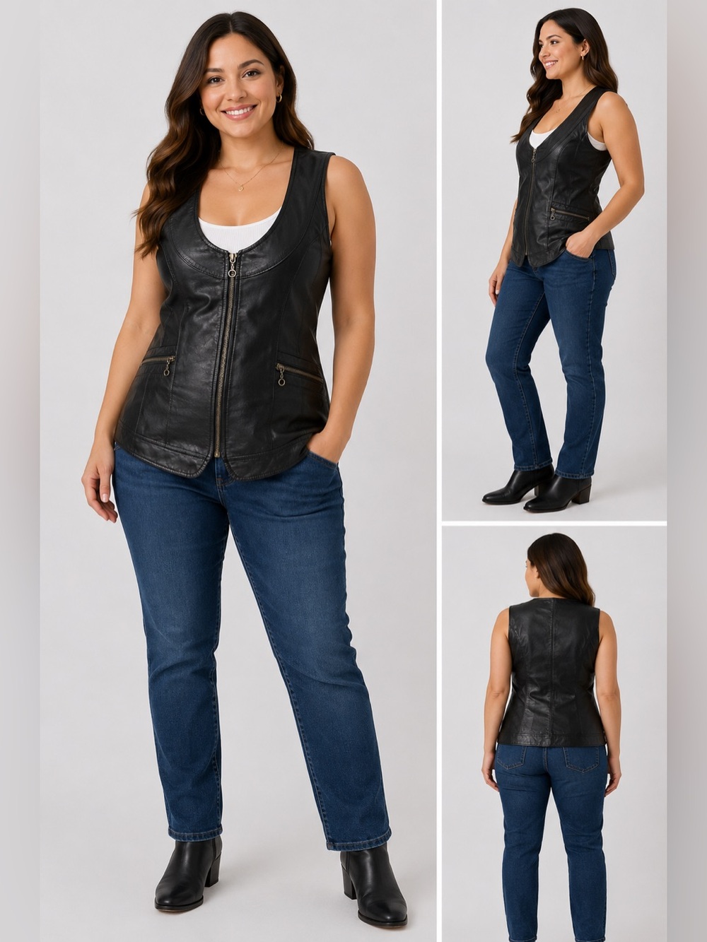 Vintage Y2K Black Leather Moto Vest Womens 8 Fitted Zip Front BB Dakota